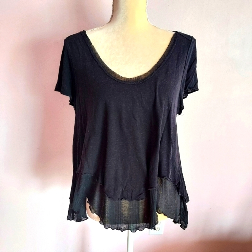 Free People flowy layered elevated linen blend black t-shirt xs
